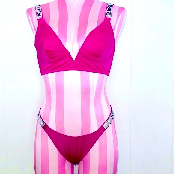 Victorias Secret Long Line V Shine Strap Bra Hot Fuchsia Pink Set - Picture 3 of 10